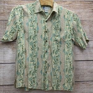 Island Blue Silk Blend Hawaiian Shirt Tropical Bamboo Print‎ Mens [Size Large]